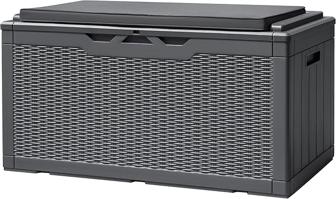 Devoko 100 Gallon Deck Box, Waterproof Resin Outdoor Storage Box with Cushion for Outside and Patio, Large Outdoor Storage Bench Cabinet Lockable for Patio Furniture and Garden Tools (Gray)