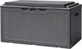 Devoko 100 Gallon Deck Box, Waterproof Resin Outdoor Storage Box with Cushion for Outside and Patio, Large Outdoor Storage Bench Cabinet Lockable for Patio Furniture and Garden Tools (Gray)