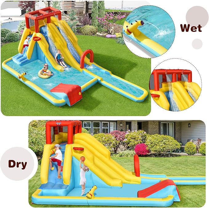 BOUNTECH Inflatable Water Slide, Dual Slides Kids Water Slide Park Jump Bouncy Castle w/2 Swimming Rings, Blower, Large Splash Pool, Backyard Outdoor Blow up Water Slides Inflatables for Big Kids