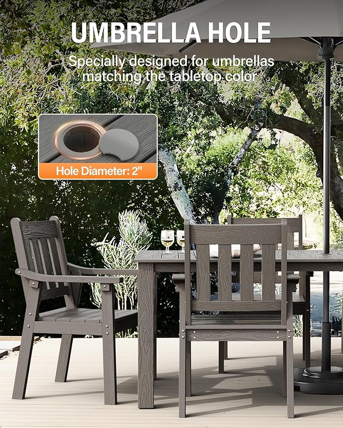 YEFU Outdoor Dining Table for 6: All Weather Rectangular Patio Table with Umbrella Hole and Aluminum Frame - Outdoor Furniture for Outside Backyard/Garden/Pool/Porch/Deck, 300lbs Capacity, Grey