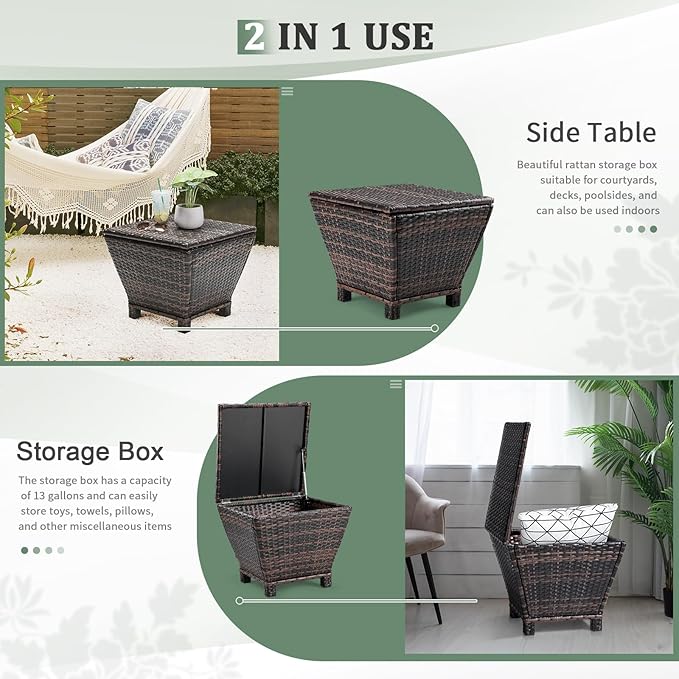 VINGLI 13 Gallon Outdoor Deck Box, Wicker Outdoor Storage Box with Lid, Small Storage Bin Container for Outside and Patio, Patio Rattan Side Table for Yard Porch (Brown, Trapezoidal)
