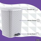 Superio Small Outdoor Trash Can with Lid for Dog Poop 6.8 Gallon/26 L Step On Plastic Garbage Can with Foot Pedal for Bathroom, Bedroom, Office, Patio, Wicker Smoke