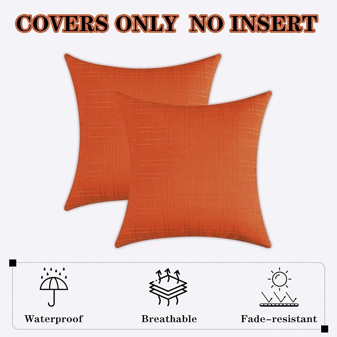 Kevin Textile Fall Outdoor Waterproof Throw Pillow Covers Decorative Farmhouse Water Resistant Checkered Cushion Covers for Tent Patio Garden Couch Sofa Pack of 2 (18x18 Inch Orange)