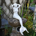 Sungmor 14.3" Tall Large Cast Iron Mermaid Statue, Sitting Mermaid Sculpture Decoration for Pool Pond Birdbath Shelf Desk, Rustic White Garden Figurines for Indoor Outdoor Fish Tank Fountain Rockeries