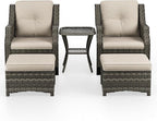 5 Piece Patio Furniture Wicker Conversation Set, 2 Chairs, 2 Ottomans with 1 Side Table, for Outdoors, Backyard, Deck, Beige