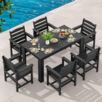 SERWALL Patio Dining Set for 6, Outdoor Dining Sets for 6 Person with 1 Umbrella Hole Cut-Out Rectangular Table and 6 Chairs, HDPE Dining Sets for Garden, Backyard, Poolside, Black