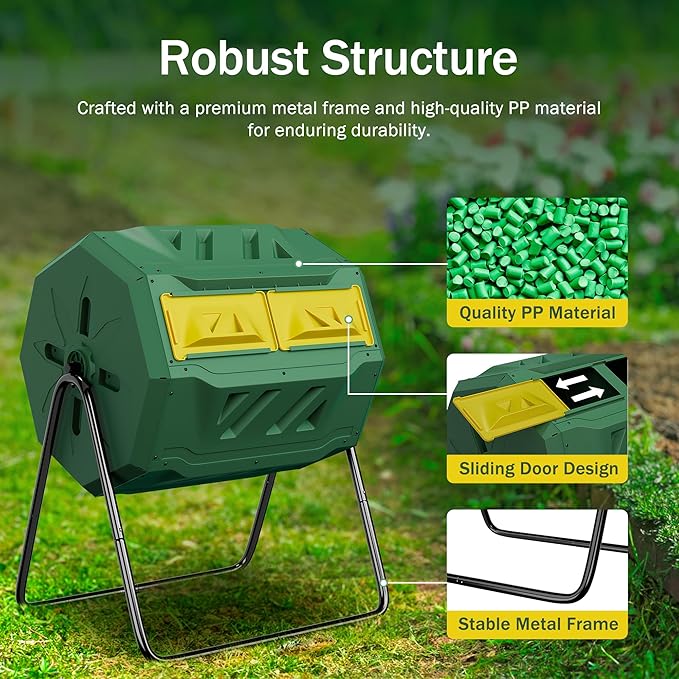 F2C Compost Bin Outdoor Dual Chamber Tumbling Composter 43 Gallon BPA Free Large Tumbler Composters Tumbling or Rotating w/Sliding Doors & Solid Steel Frame Garden Yard Black
