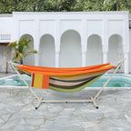 LazyDaze Hammocks Double Hammock with Stand - 2 Person Heavy Duty Outdoor Hammock for Adults, Includes Durable Steel Stand, Portable Carrying Bag and Pillow, Orange Green