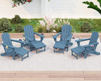 KINGYES Folding Adjustable Adirondack Chair with Ottoman & 2 Cup Holders Set of 4, HDEP Reclining Adirondack Chair with Footrest, Blue