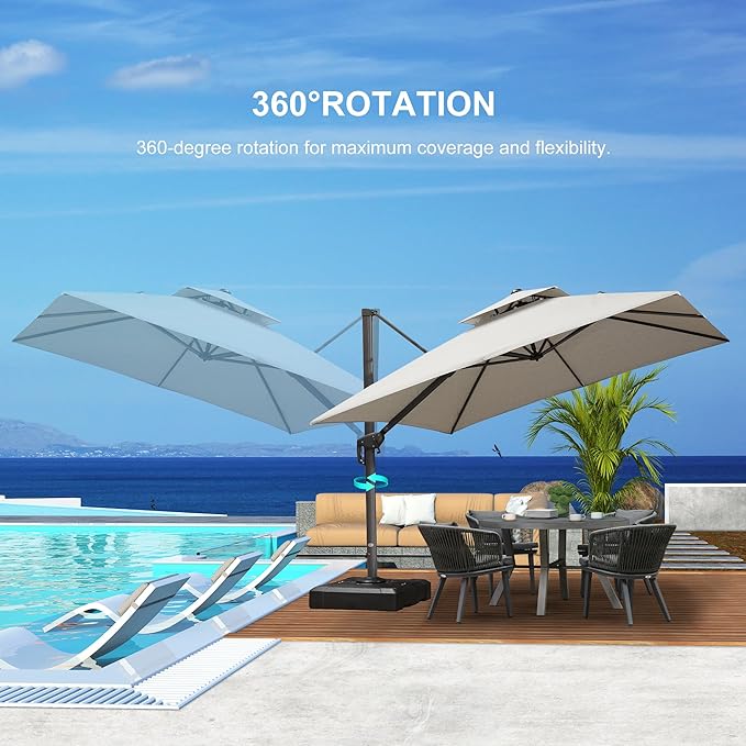 PURPLE LEAF 12 FT Cantilever Patio Umbrella Outdoor Umbrella with 330lbs Base Large Square Windproof Offset Umbrella for Pool Deck Garden, Pebble Grey