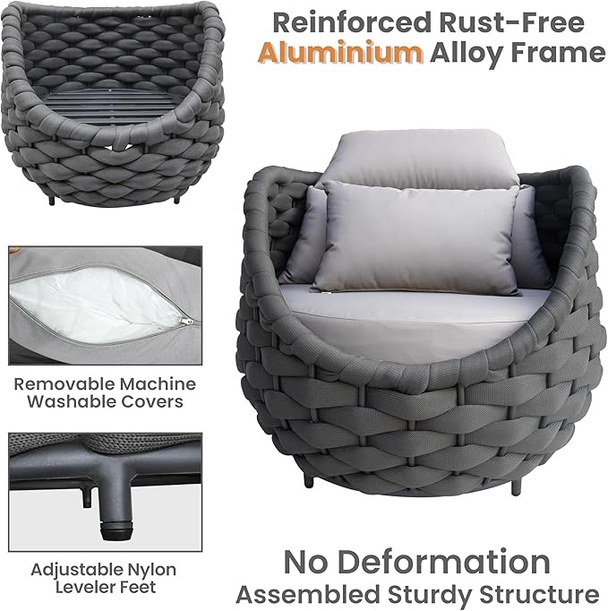 4 Pcs Woven Rope Outdoor Chair: Aluminum Patio Accent Chair with Arms - Assembled Cushioned Lounge Chair For 400lbs - Morden Porch Furniture Seating for Deck Balcony Garden Backyard Hotel Resort