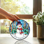 TNUW Snowman Christmas Stained Glass Window Hanging, Rustic Winter Xmas Snowman Sun Catchers Indoor Window Glass Round Wall Art Decor, Christmas Sculptures, Statues, Suncatchers, 7.9＂x7.9＂