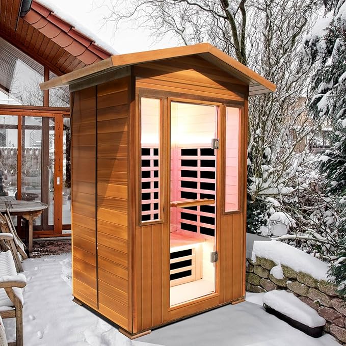 Outdoor Sauna 2 Person 1800W/110V Low EMF Dry Sauna Infrared Sauna for Home Inner Board Hemlock Wood/Outer Board Red Cedar, 8 Heating Panels with LCD Control Panel/Speaker and Tempered Glass Door