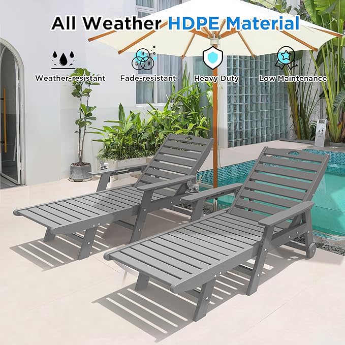 nalone Chaise Lounge Set of 2 Outdoor with 5-Position Adjustable Backrest, HDPE Lounge Chair for Outside Supports Up to 400 LBS, Pool Lounge Chairs for Patio Poolside Deck Beach Backyard (Grey)