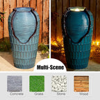 Glitzhome 28.25" H Oversized Ceramic Petals Textured Jar Outdoor Water Fountain, Vintage Turquoise Glaze Vase Patio Garden Waterfall Fountain with LED Light and Submersible Pump