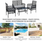 4-Piece Patio Furniture Set, Weather-Resistant Rattan Patio Conversation Set with Two-Tier Coffee Table, Upholstered Openwork Wicker Furniture for Porch, Garden, Lawn, Gray