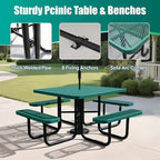 8-Person Picnic Tables for Outdoors, Industrial 46" Expanded Metal Square Picnic Table with 4 Benches & Umbrella Hole, Outside Table and Bench Set for Garden, Backyard, Porch, Patio, Green