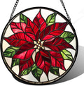 Stained Glass Window Hanging - Red Poinsettia Birth Flower Suncatcher for Door Garden Yard Sun Catchers Decor Christmas Mother's Day Birthday Gifts for Women Mom Nana Friend Men 9.8 in