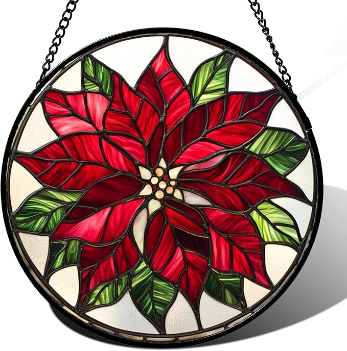 Stained Glass Window Hanging - Red Poinsettia Birth Flower Suncatcher for Door Garden Yard Sun Catchers Decor Christmas Mother's Day Birthday Gifts for Women Mom Nana Friend Men 11.8 in