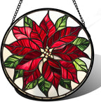 Stained Glass Window Hanging - Red Poinsettia Birth Flower Suncatcher for Door Garden Yard Sun Catchers Decor Christmas Mother's Day Birthday Gifts for Women Mom Nana Friend Men 7.8 in