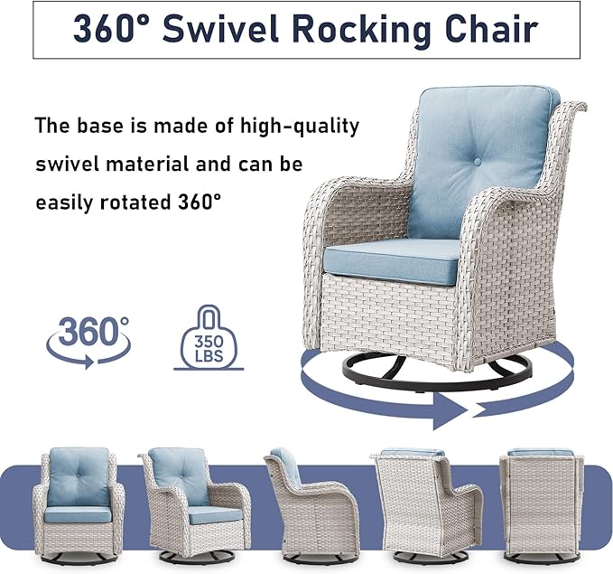 Swivel Rocker Patio Chairs：Patio Swivel Rocker Chairs Set of 2, Outdoor Swivel Rocker Patio Chairs, Light Beige/Light Blue