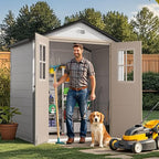 DWVO 6x4.4 FT Outdoor Storage Shed, Plastic Garden Tool Shed with 2 Windows, Double-Wall Outside Shed for Lawn Mower, Garden Tool for Backyard, Patio, Lawn, Lockable, Greige&Gray