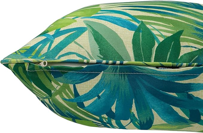 Outdoor Throw Pillow with Insert 18x18 Inch, Set of 2, Piping Edge Waterproof Fade Resistant Decorative Fluffy Pillows for Patio Furniture Chair Bench Couch Sofa - Green Palm Leaves