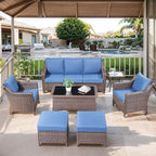 Patio Furniture Set-7 Pieces Outdoor All-Weather Wicker Conversation Set Outdoor Rattan Sofa Couch with Patio Chairs Ottomans for Porch Garden Backyard Poolside-Brown/Blue