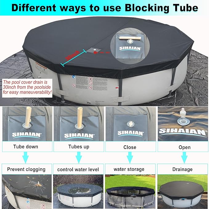 24 Ft Pool Cover, with Automatic Drain Round Pool Cover, One-Piece Quick Installation and Removal Above Ground Pool Cover, Preventing Waterlogging, UV Protected Solar Swimming Pool Cover