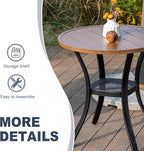 VICLLAX Round Patio Dining Table, Metal Outdoor Bistro Table with Storage Shelf for Balcony Garden Deck, 27.6 Inch Walnut