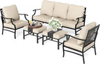 HERA'S HOUSE 5 Piece Patio Furniture Set, 2 x Cushioned Metal Chair, 2 x Ottoman, 1 x 3-Seat Sofa, All Cushioned 7 Seats Outdoor Conversation Set for Lawn Garden Backyard