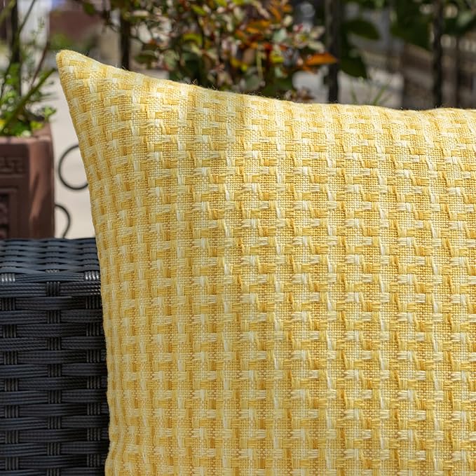 Kevin Textile Outdoor Waterproof Throw Pillow Covers Pack of 2 Weaving Texture Water Resistant Outside Decorative Cushion Covers for Garden Patio Tent Balcony Bench Couch Sofa 18x18 Inch, Yellow