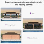 PURPLE LEAF 14' X 24' Outdoor Hardtop Gazebo Patio Wide Aluminum Frame Metal Double Roof with Heavy Duty Netting and Curtains for Permanent Hard Top Pavilion Screen, Khaki