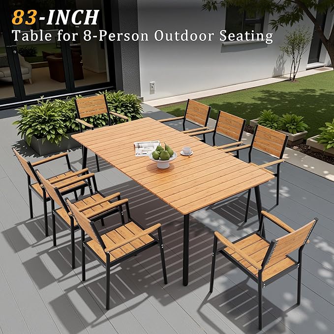 Outdoor Dining Table for 6-8, 82.7 inch Patio Dining Table with Wooden-Like Top and Aluminum Frame, Rectangular Table with Umbrella Hole Outdoor Furniture, Brown