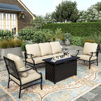 HERA'S HOUSE 4 Pieces Patio Fire Pit Furniture Set, 2 x Single Chair, 3-Seat Sofa with 45" Fire Pit Table, Outdoor Conversation Set for Garden, Poolside, Backyard