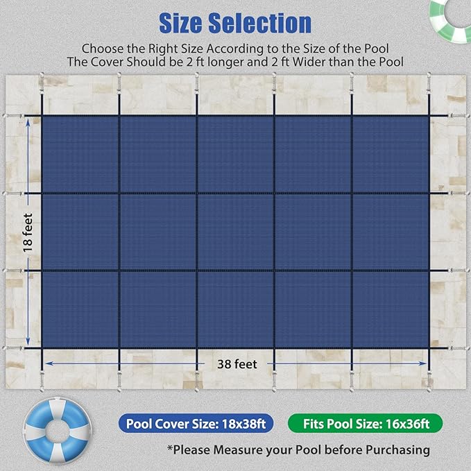 Inground Pool Cover Safety Fits Rectangle Swimming Pool, Mesh Solid Pool Cover for Inground Pools,Winter Pool Safety Cover Includes Safety Net and Installation Tools Blue (Blue, Fits 16x36ft Pools)