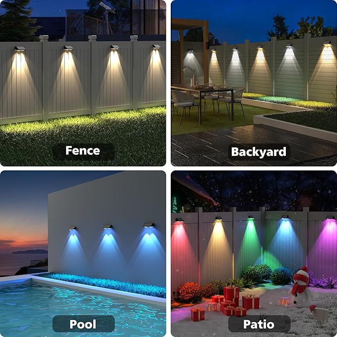 APONUO Solar Fence Lights Outdoor Waterproof, Fence Lights Solar Powered, 9 RGB Color Modes&Warm White&Cool White, Fence Solar Light Outdoor for Backyard, Patio, Wall, Yard,Deck（Black, 6 Pack）