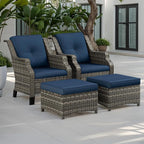 4 Piece Patio Furniture Set, 2 Chairs and 2 Ottomans PE Wicker Footstool, Outdoors Rattan Conversation Set with Deep Seating and Olefin Cushions, for Backyard, Garden, Navy