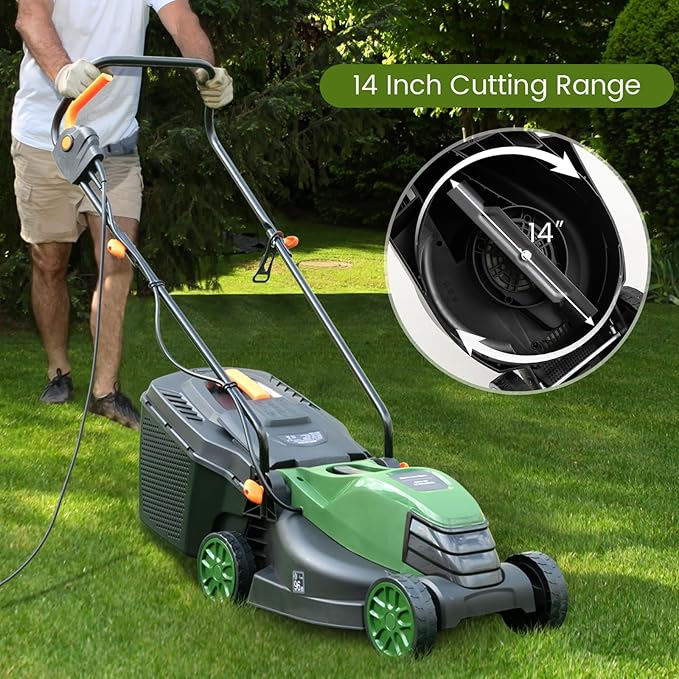 S AFSTAR Electric Corded Lawn Mower, 12-AMP 14-Inch Walk-Behind Lawnmower with Collection Box, 3 Adjustable Height Position, Self Locking Function, Push Lawn Mower for Backyard Patio