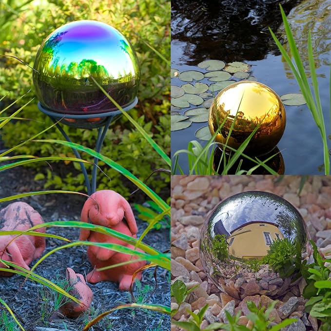 uxcell Rainbow Gazing Ball 8 Inch 200mm Reflective Sphere Polished Hollow Ball, Stainless Steel Gazing Globe Mirror Ball for Home Garden Outdoor Decoration