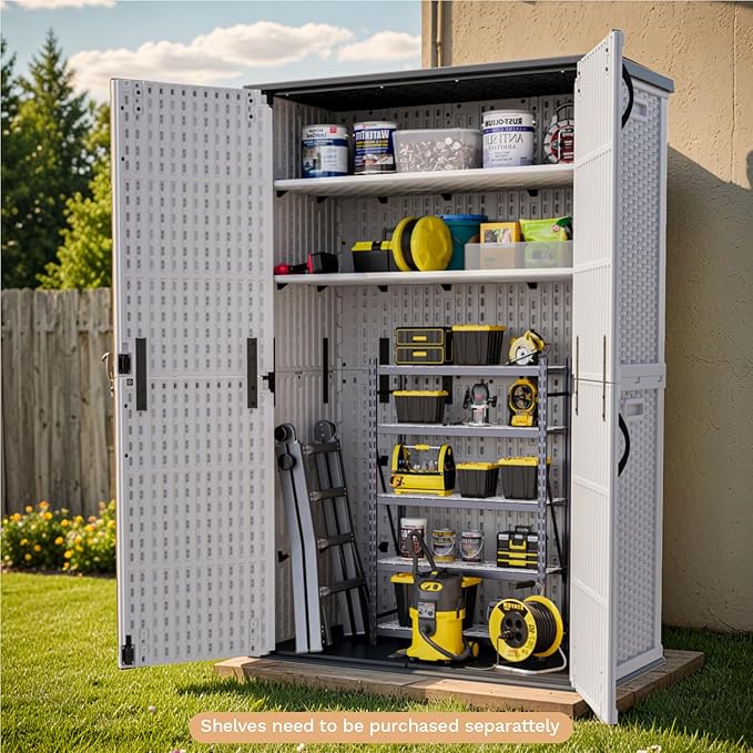 Patiowell 50 cu.ft Plastic Outdoor Storage Shed, Lockable Waterproof Resin Storage Cabinet Vertical Storage Shed for Garden Tools, Garbage Cans, Pool Supplies, White(Not Include Shelves)