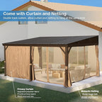 12’ x 16’ Lean to Gazebo, Outdoor Wall Mounted Gazebo Aluminum Frame, Hardtop Pergola with Galvanized Steel Sloping Roof for Patio Deck Garden Backyard, Curtain and Netting Included