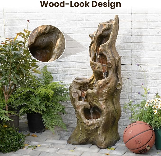 Water Fountain Outdoor 5-Tiers Large Cascading Realistic Tree Trunk Natural Waterfall Outdoor Fountain Resin Imitation Wood with LED Lights for Garden, Patio, Porch