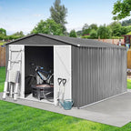 10x12 FT Metal Outdoor Storage Shed & Double Hinged Large Door - Heavy-Duty Shed with Floor, Lockable & Ventilation - Rainproof Windproof Large Utility Garden Shed for Backyard Patio Lawn - Light Gray
