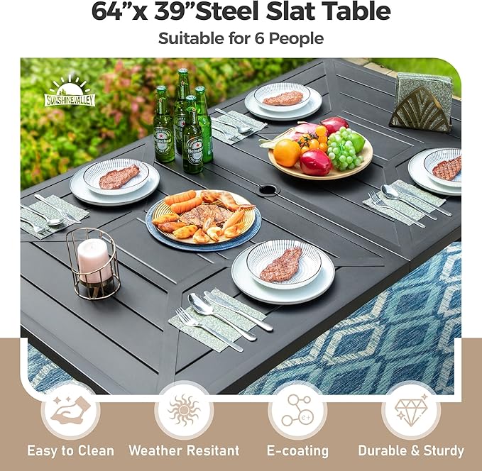 7 Pcs Patio Dining Set for 6, Rectangular Metal Dining Table with Umbrella Hole and 6 Chairs, Outdoor Table and Chairs Set for Lawn Garden Backyard and Deck, Red