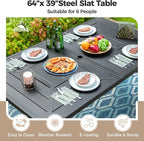 Patio Dining Set for 6, 64" Rectangular Metal Dining Table with Umbrella Hole and 6 Chairs, Outdoor Table and Chairs Set for Lawn Garden Backyard and Deck, Brown