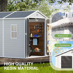 8x6 FT Outdoor Storage Shed, Waterproof Resin Shed with Floor Included & Lockable Door & Window & Vents, Outside Plastic Sheds for Backyard, Patio, Poolside, Lawn, Dove Grey