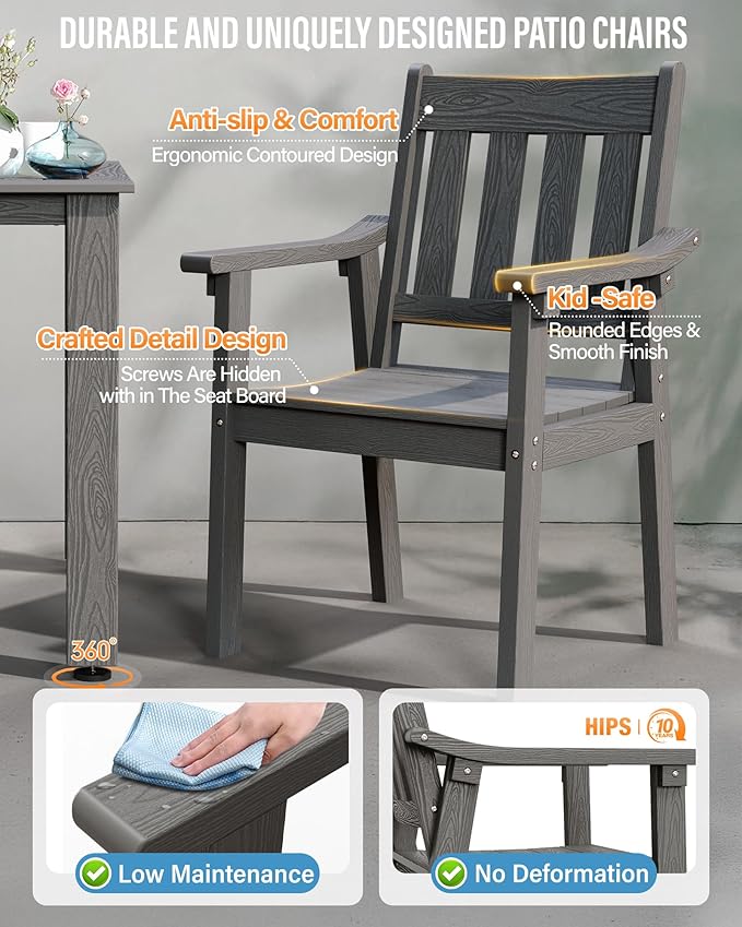 YEFU HIPS Patio Table Set: 7 Piece Outdoor Table and Chairs Dining Furniture Set with Umbrella Hole - Gray Modern Plastic Dining Sets 6 Person for Outside Deck with Metal Aluminum Frame