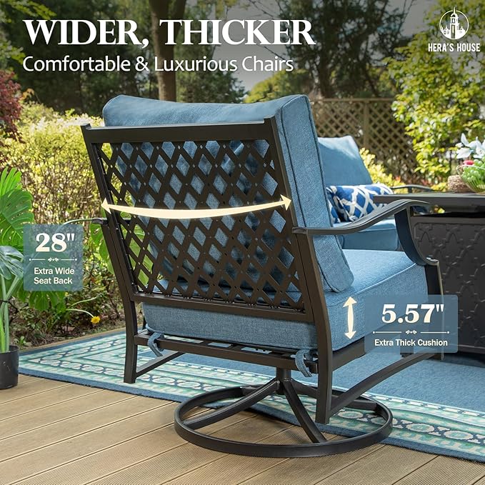 HERA'S HOUSE Outdoor Chairs Set of 2, 2 x Patio Chair with Navy Blue Cushions, All Weather Outdoor Furniture for Lawn Garden Backyard Deck(Swivel Chairs)