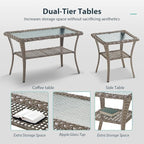 7 Piece Patio Furniture Set - Wicker Patio Conversation Set with Swivel Glider, 3 Seat Sofa, 2 Ottomans, Glass Side Table and Coffee Table for Deck Backyard - Grey Wicker Grey Cushion